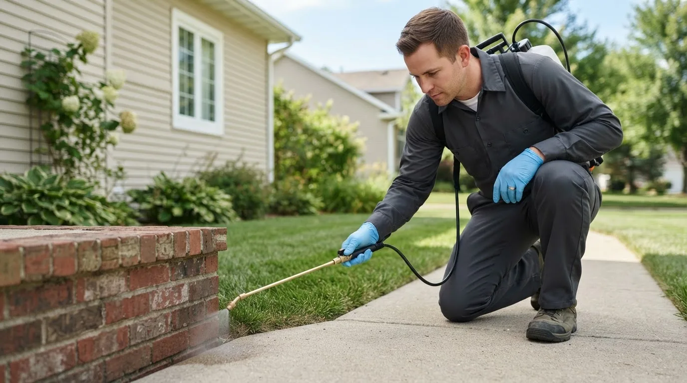 Pest control technician treating a home near Lorraine, NY